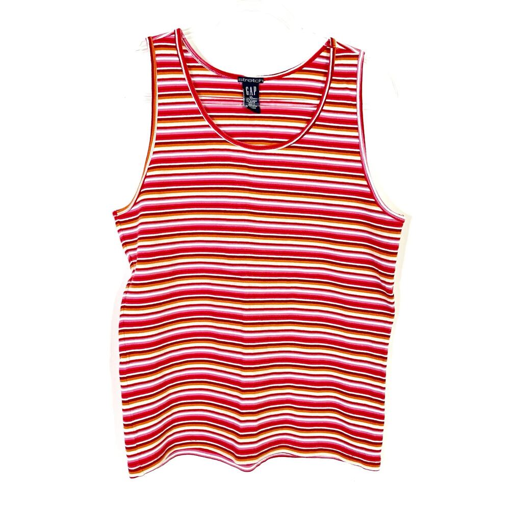 GAP Stretch Y2K Tank Top Red Pink White Stripe Cotton Ribbed Knit Womens XL